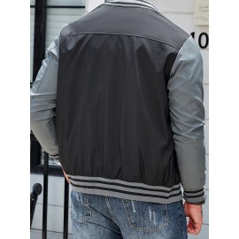 Plus Size Men's Casual Athletic Bomber Jacket, Fall Fashion Long Sleeve Zip-Up Jacket