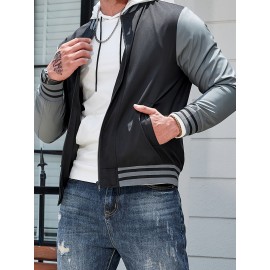 Plus Size Men's Casual Athletic Bomber Jacket, Fall Fashion Long Sleeve Zip-Up Jacket