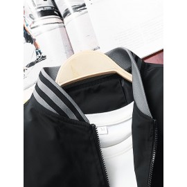 Plus Size Men's Casual Athletic Bomber Jacket, Fall Fashion Long Sleeve Zip-Up Jacket