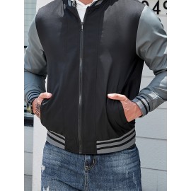 Plus Size Men's Casual Athletic Bomber Jacket, Fall Fashion Long Sleeve Zip-Up Jacket