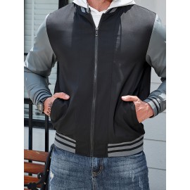 Plus Size Men's Casual Athletic Bomber Jacket, Fall Fashion Long Sleeve Zip-Up Jacket