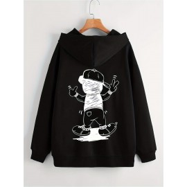 Plus Size Men's Hooded Jacket, Anime Skeleton & Bear Graphic Print Hoodies With Zipper For Spring Fall Winter, Men's Clothing