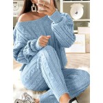 Plus Size Casual Sweater Outfits Set, Women's Plus Solid Long Sleeve One Shoulder Cable Knit Jumper & Sweater Pants Sweater Outfits Two Piece Set