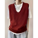 Plus Size Solid Simple Sweater Vest, Casual V Neck Sleeveless Knitted Vest, Women's Plus Size Clothing