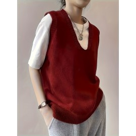 Plus Size Solid Simple Sweater Vest, Casual V Neck Sleeveless Knitted Vest, Women's Plus Size Clothing