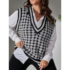 Plus Size Houndstooth Print Sweater Vest, Preppy V Neck Sleeveless Vest, Women's Plus Size Clothing