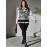 Plus Size Houndstooth Print Sweater Vest, Preppy V Neck Sleeveless Vest, Women's Plus Size Clothing