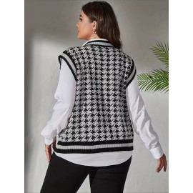 Plus Size Houndstooth Print Sweater Vest, Preppy V Neck Sleeveless Vest, Women's Plus Size Clothing