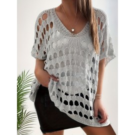 Plus Size Chic Hollow Out Knitted Cover Up - Batwing Sleeve V Neck Sweater for Beach Wear - Comfy & Fashionable Plus Size Womens Clothing