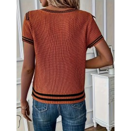 Plus Size Womens Crew Neck Knit Top - Soft Slight Stretch Acrylic Fabric, Solid Color, Short Sleeve, Vacation Style - Perfect for Spring & Summer