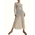 Plus Size Cut Out Knitted Dress, Casual Long Sleeve Crew Neck Dress For Spring & Summer, Women's Plus Size Clothing