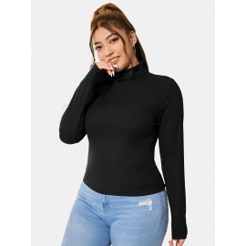 Plus Size Basic Top, Women's Plus Solid Long Sleeve High Neck Skinny High Stretch Top