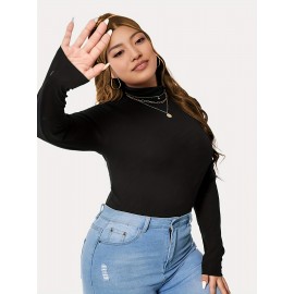 Plus Size Basic Top, Women's Plus Solid Long Sleeve High Neck Skinny High Stretch Top