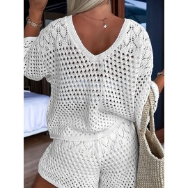 Plus Size Two-piece Set - Soft Knitted Solid-Colored Cut Out V Neck Short Sleeve Top & Shorts Outfits for Women, Comfortable Plus Size Clothing for Casual Wear