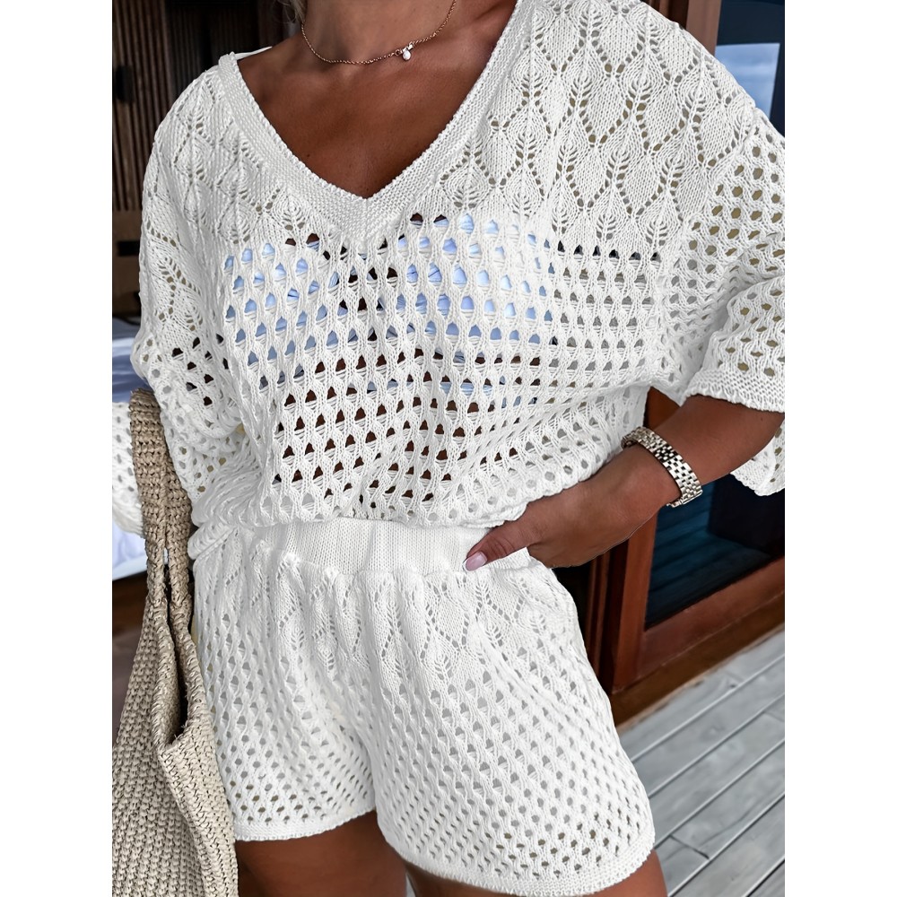 Plus Size Two-piece Set - Soft Knitted Solid-Colored Cut Out V Neck Short Sleeve Top & Shorts Outfits for Women, Comfortable Plus Size Clothing for Casual Wear