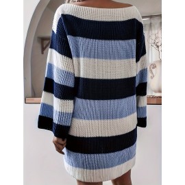 Plus Size Color Block Knitted Sweater Dress, Casual Long Sleeve Dress For Spring & Fall, Women's Plus Size Clothing