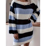 Plus Size Color Block Knitted Sweater Dress, Casual Long Sleeve Dress For Spring & Fall, Women's Plus Size Clothing