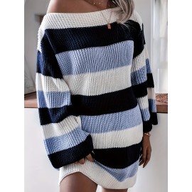 Plus Size Color Block Knitted Sweater Dress, Casual Long Sleeve Dress For Spring & Fall, Women's Plus Size Clothing