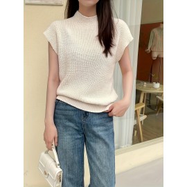 Plus Size Solid Simple Knitted Top, Casual Mock Neck Short Sleeve Top For Spring & Summer, Women's Plus Size Clothing