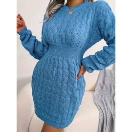 Plus Size Solid Cable Knit Sweater Dress, Elegant Cinched Waist Long Sleeve Crew Neck Dress For Spring & Winter, Women's Plus Size Clothing