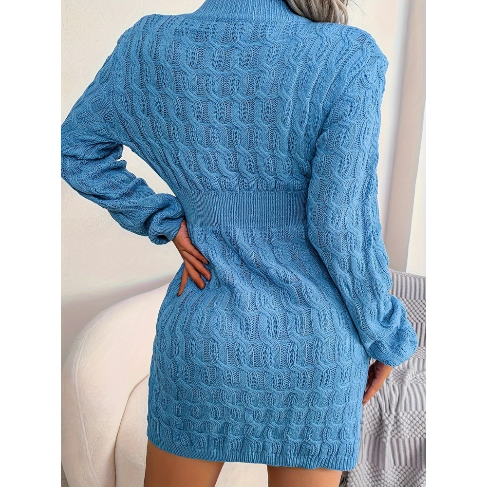 Plus Size Solid Cable Knit Sweater Dress, Elegant Cinched Waist Long Sleeve Crew Neck Dress For Spring & Winter, Women's Plus Size Clothing