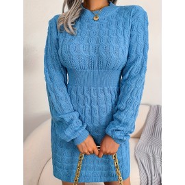 Plus Size Solid Cable Knit Sweater Dress, Elegant Cinched Waist Long Sleeve Crew Neck Dress For Spring & Winter, Women's Plus Size Clothing