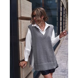 Plus Size V Neck Sweater Vest, Casual Solid Sleeveless Ribbed Knitted Vest For Spring & Summer, Women's Plus Size Clothing