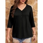 Women Plus Size Tops V Neck 3/4 Sleeve Casual Tshirts Loose Basic Tunic Tees