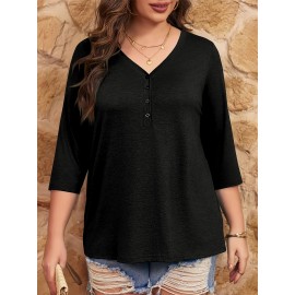 Women Plus Size Tops V Neck 3/4 Sleeve Casual Tshirts Loose Basic Tunic Tees