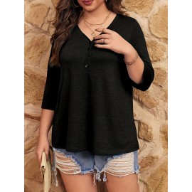 Women Plus Size Tops V Neck 3/4 Sleeve Casual Tshirts Loose Basic Tunic Tees