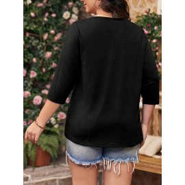 Women Plus Size Tops V Neck 3/4 Sleeve Casual Tshirts Loose Basic Tunic Tees