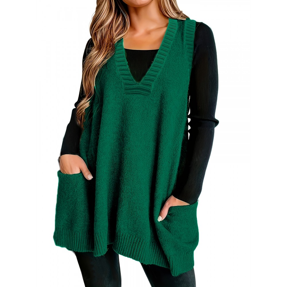 Plus Size V Neck Sweater Vest, Casual Side Pockets Sleeveless Knitted Vest For Fall & Winter, Women's Plus Size Clothing