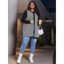 Elegant Plus-Size Houndstooth Vest - Stretch-Fit, High-Neck Knit for Chic All-Season Style