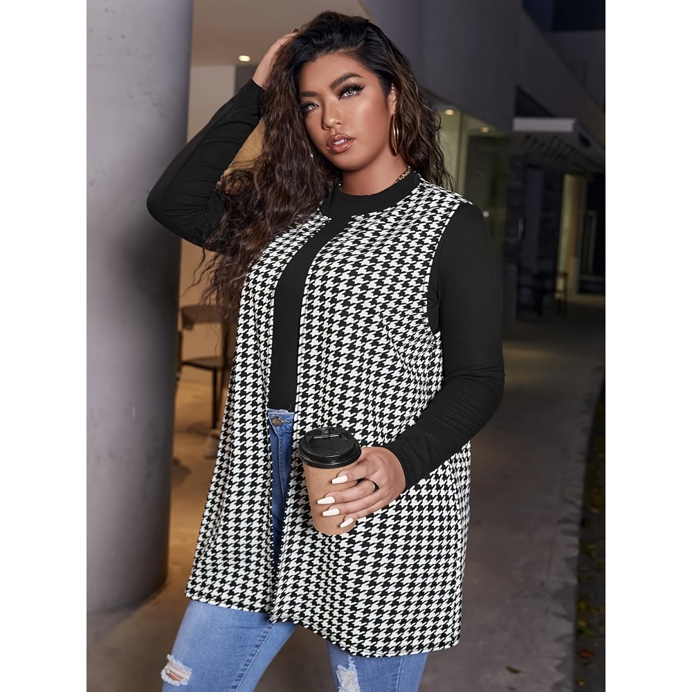 Elegant Plus-Size Houndstooth Vest - Stretch-Fit, High-Neck Knit for Chic All-Season Style