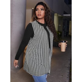 Elegant Plus-Size Houndstooth Vest - Stretch-Fit, High-Neck Knit for Chic All-Season Style