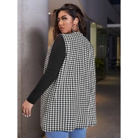 Elegant Plus-Size Houndstooth Vest - Stretch-Fit, High-Neck Knit for Chic All-Season Style