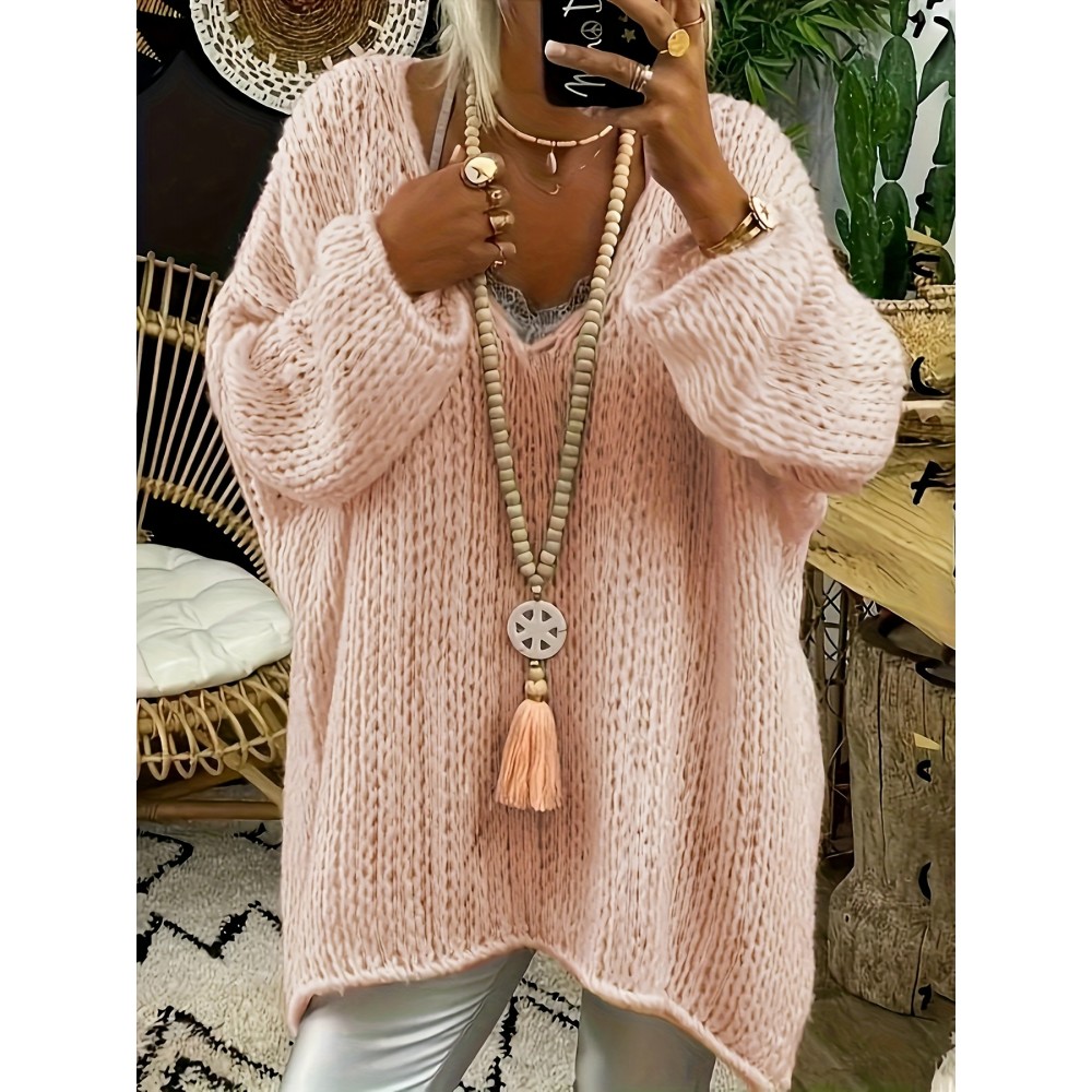 Plus Size Cozy Sweater - Relaxed-Fit Casual Style with Soft Solid Knitted Fabric, Long Sleeves, Drop Shoulder, V Neck, Medium Stretch, and Pullover Design - Perfect for Womens Plus Size, Cozy Jumper for Everyday Wear