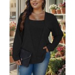 Plus Size Solid Color Square Neck Knitted Top, Elegant Long Sleeve Knitted Top For Fall & Spring, Women's Plus Size Clothing