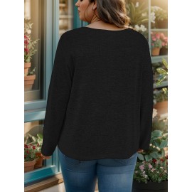 Plus Size Solid Color Square Neck Knitted Top, Elegant Long Sleeve Knitted Top For Fall & Spring, Women's Plus Size Clothing