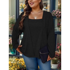 Plus Size Solid Color Square Neck Knitted Top, Elegant Long Sleeve Knitted Top For Fall & Spring, Women's Plus Size Clothing