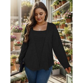 Plus Size Solid Color Square Neck Knitted Top, Elegant Long Sleeve Knitted Top For Fall & Spring, Women's Plus Size Clothing