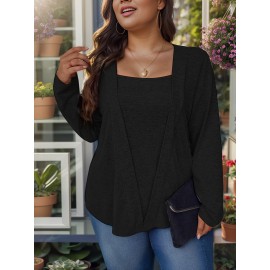 Plus Size Solid Color Square Neck Knitted Top, Elegant Long Sleeve Knitted Top For Fall & Spring, Women's Plus Size Clothing