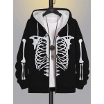 Plus Size Mens Graphic Print Hooded Skeleton Jacket - Soft Slight Stretch Polyester, Machine Washable, Regular Fit, Casual Stylish Drawing Pattern for Fall Winter - Mens Clothing