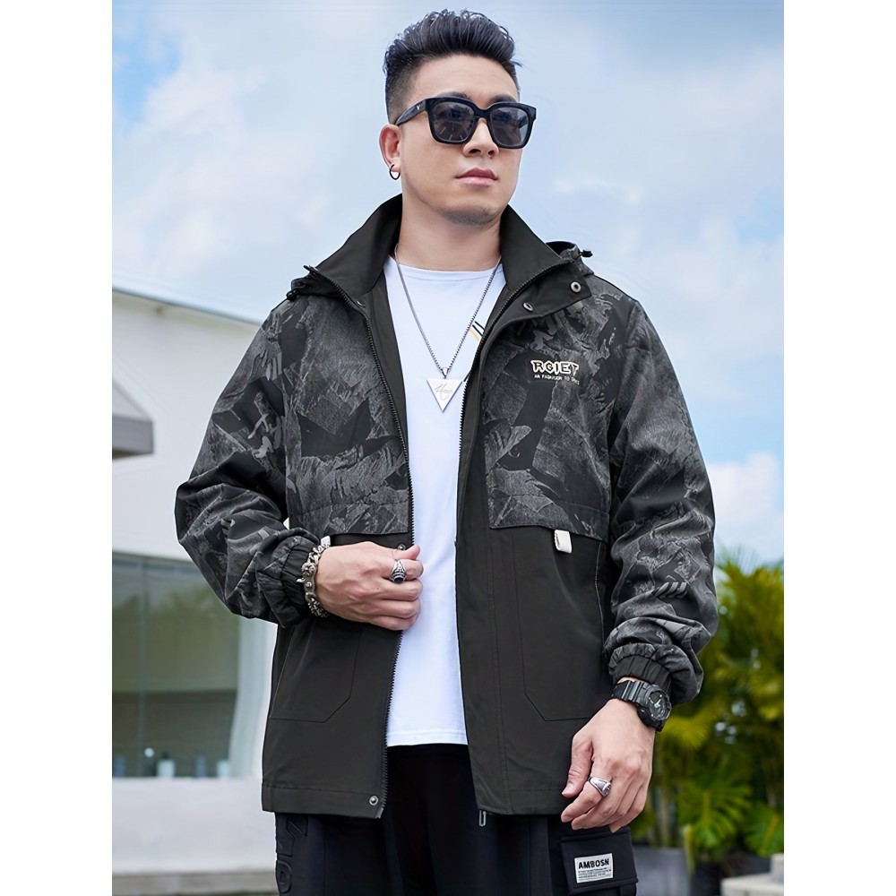 Plus Size Men's Rock Texture Print Hooded Coat Handsome Jacket For Fall Winter, Men's Clothing