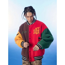 Plus Size Men's College Varsity Jacket, Baseball Vintage Warm Fleece Jacket, Casual Block Color Streetwear Coats