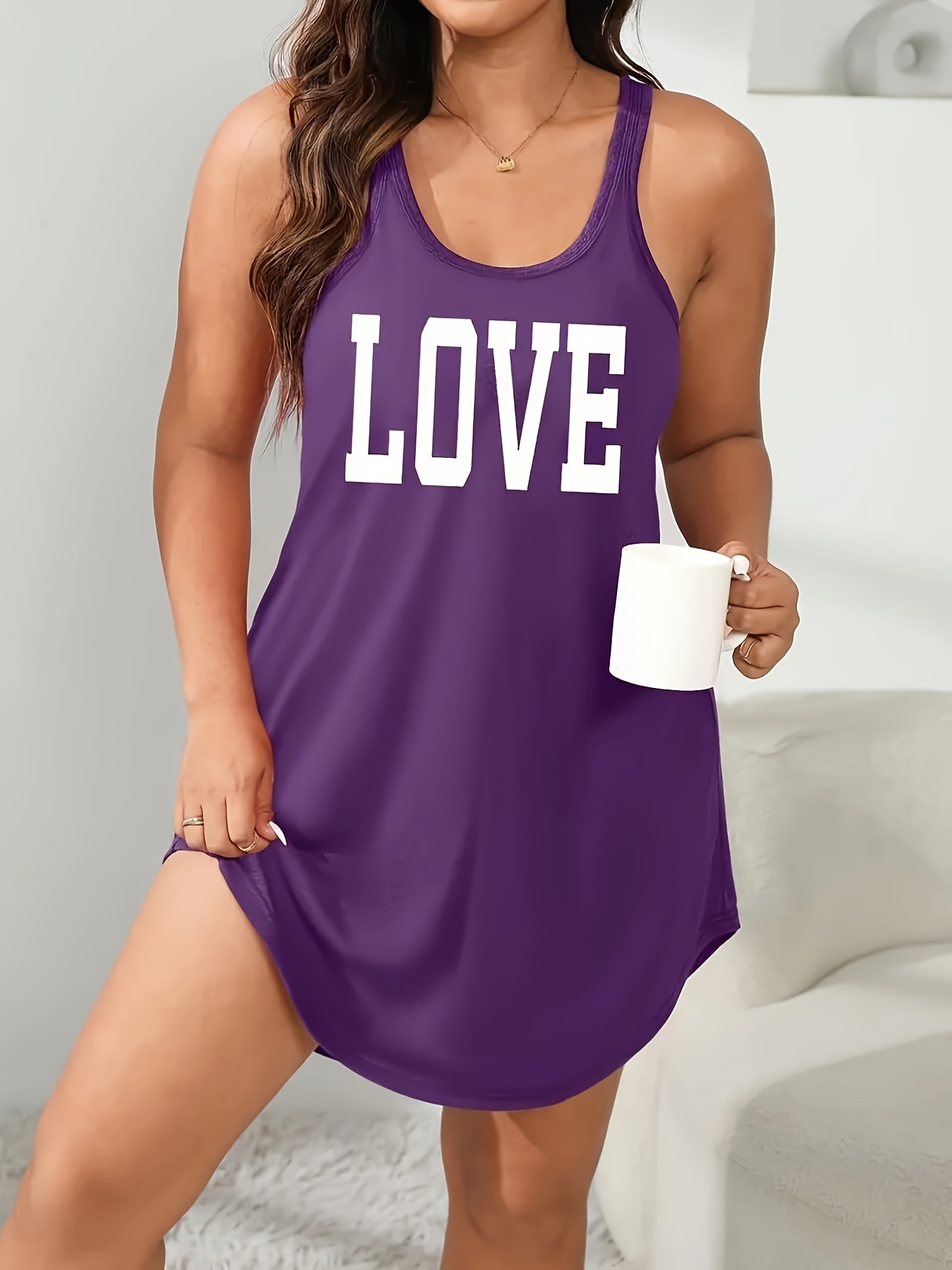 plus size letter love print tank dress casual sleeveless curved hem dress for spring summer womens plus size clothing details 3