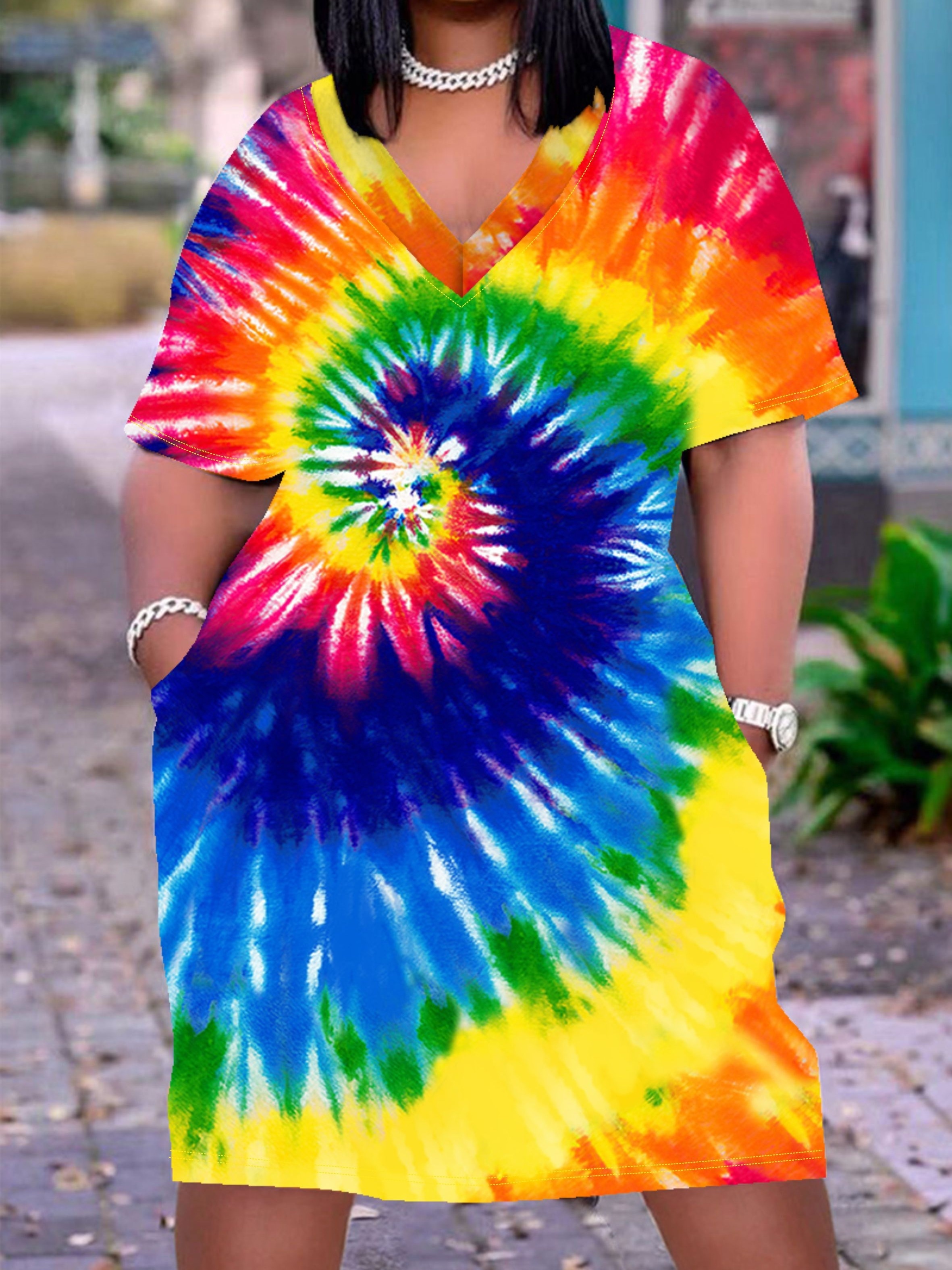 plus size tie dye print dress casual short sleeve v neck dress with pockets womens plus size clothing details 1