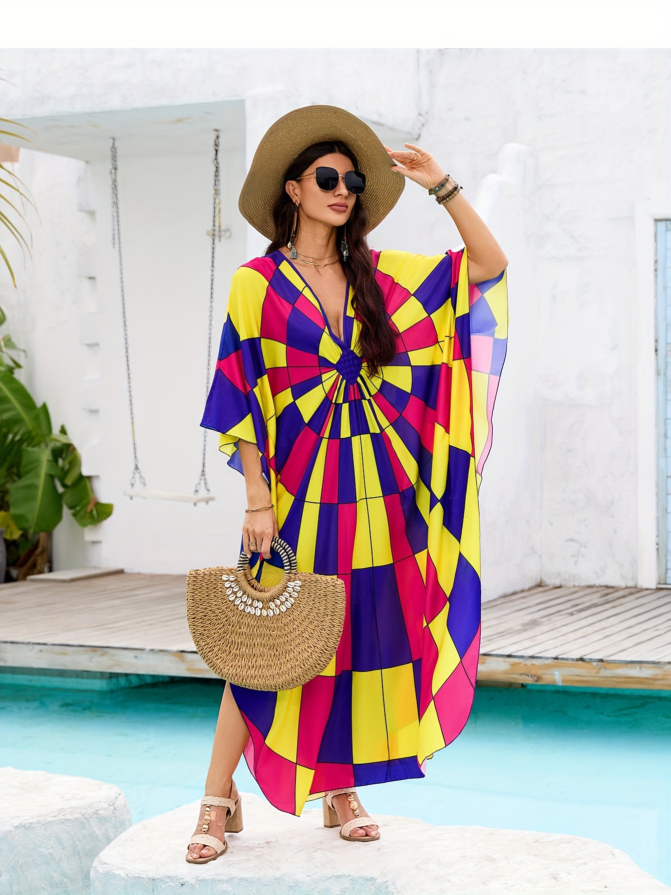 kaftan dresses for women colorful colorful geometric full print v neck beach cover up kaftan robe casual home vacation bat sleeve large size swimwear cover up side split ethnic style dress long caftan details 0