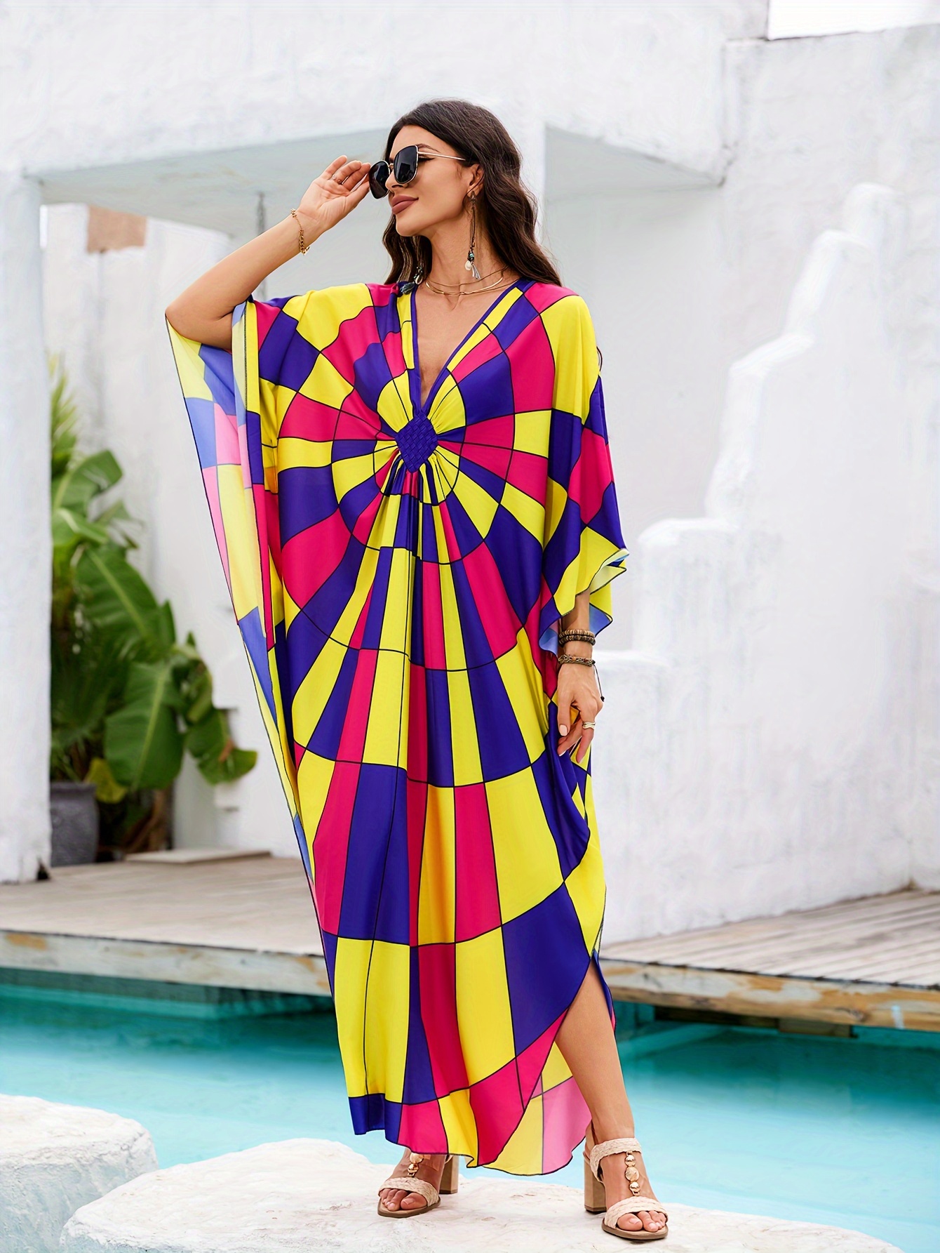 kaftan dresses for women colorful colorful geometric full print v neck beach cover up kaftan robe casual home vacation bat sleeve large size swimwear cover up side split ethnic style dress long caftan details 1