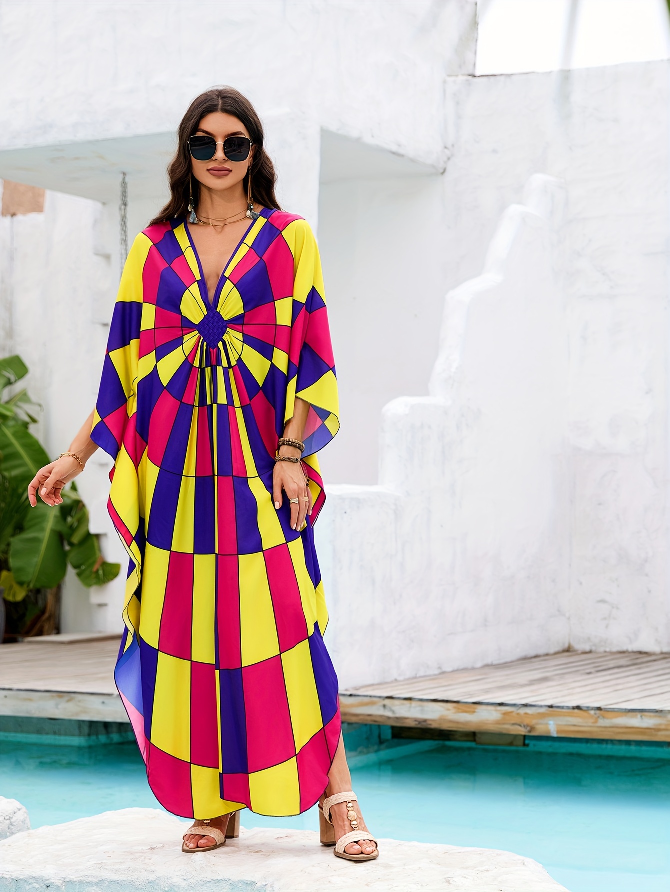 kaftan dresses for women colorful colorful geometric full print v neck beach cover up kaftan robe casual home vacation bat sleeve large size swimwear cover up side split ethnic style dress long caftan details 2